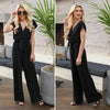 Women Daily Fashion Versatile Jumpsuit Sexy Solid Color Jumpsuit V-Neck Short Sleeve Open Back High Waist Elastic Loose Jumpsuit