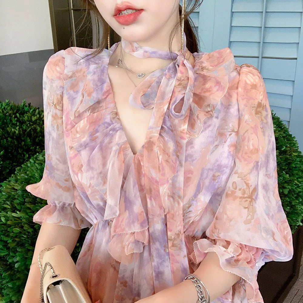 2022 Summer V-neck Floral Chiffon Jumpsuit Womens Fashion Ruffled Hem Flowers Print Ladies Rompers Slim Elegant Sexy Playsuits