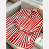 Limiguyue French High-end Red Stripe Blouse Polo Collar Brooch Top Autumn Women Small Fragrance Slim Belt Shirt Office Lady 582P