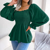 Casual Squared Neck Pleated Ruffle Trim Solid Blouse,Lantern Sleeve Shirt, Women's Clothing