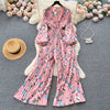 Spring and Autumn Retro V-neck Floral Long-sleeved Jumpsuit Women's Lantern Sleeves Pleated Niche Design Waist Wide-leg Pants