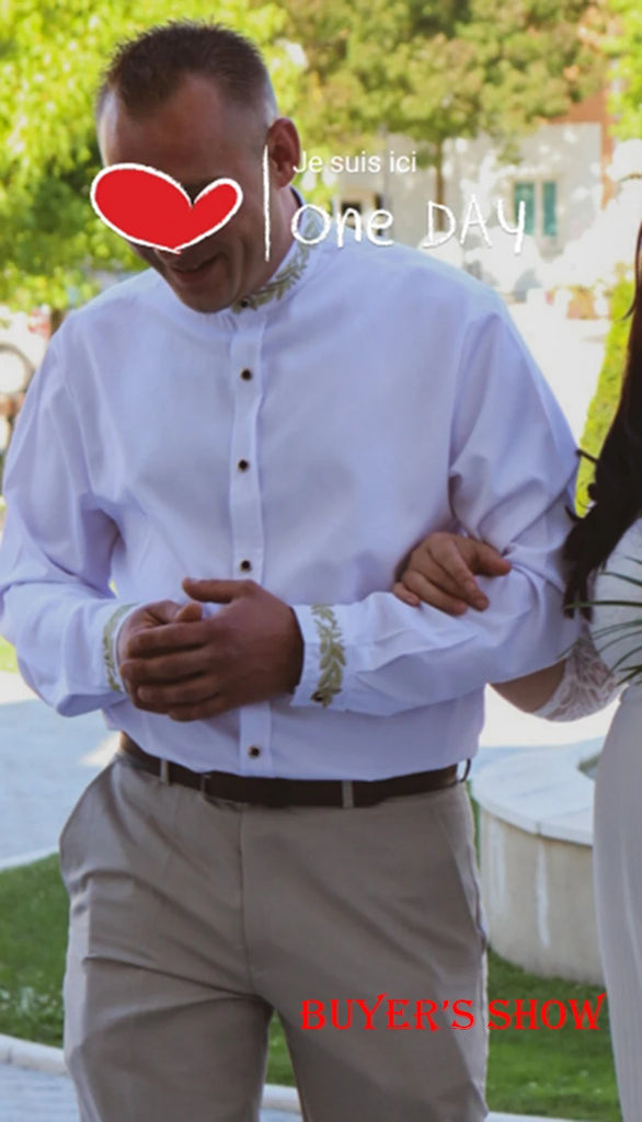 Gold Embroidery White Shirt Men Brand New Stand Collar Mens Dress Shirts Casual Slim Long Sleeve Chemise Homme Camisa Masculina