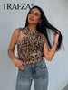 TRAFZA Leopard Print Jumpsuit Women Tulle Ruched Irregular Lady Bodysuit 2024 Summer Backless Beach Slim Halter Playsuit