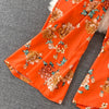 Spring Autumn Vintage Occident Holiday Romper V Neck Flare Sleeve Flower Print Bodysuit Bandage Slim Wide Leg Pant Jumpsuit