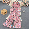 Spring and Autumn Retro V-neck Floral Long-sleeved Jumpsuit Women's Lantern Sleeves Pleated Niche Design Waist Wide-leg Pants