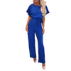 Women Daily Fashion Versatile Jumpsuit Sexy Solid Color Jumpsuit V-Neck Short Sleeve Open Back High Waist Elastic Loose Jumpsuit