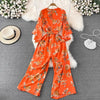 Spring Autumn Vintage Occident Holiday Romper V Neck Flare Sleeve Flower Print Bodysuit Bandage Slim Wide Leg Pant Jumpsuit