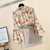 Women's Clothing Korean Fashion Floral Print Stand Collar Blouse Spring Autumn Lantern Sleeve All-match Chiffon Shirt for Female