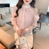 Korean Commute Spring Summer New Chiffon Blouses Women's Solid Round Neck Off Shoulder Ruched Fashion Loose Long Sleeve Shirts