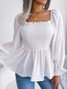 Casual Squared Neck Pleated Ruffle Trim Solid Blouse,Lantern Sleeve Shirt, Women's Clothing