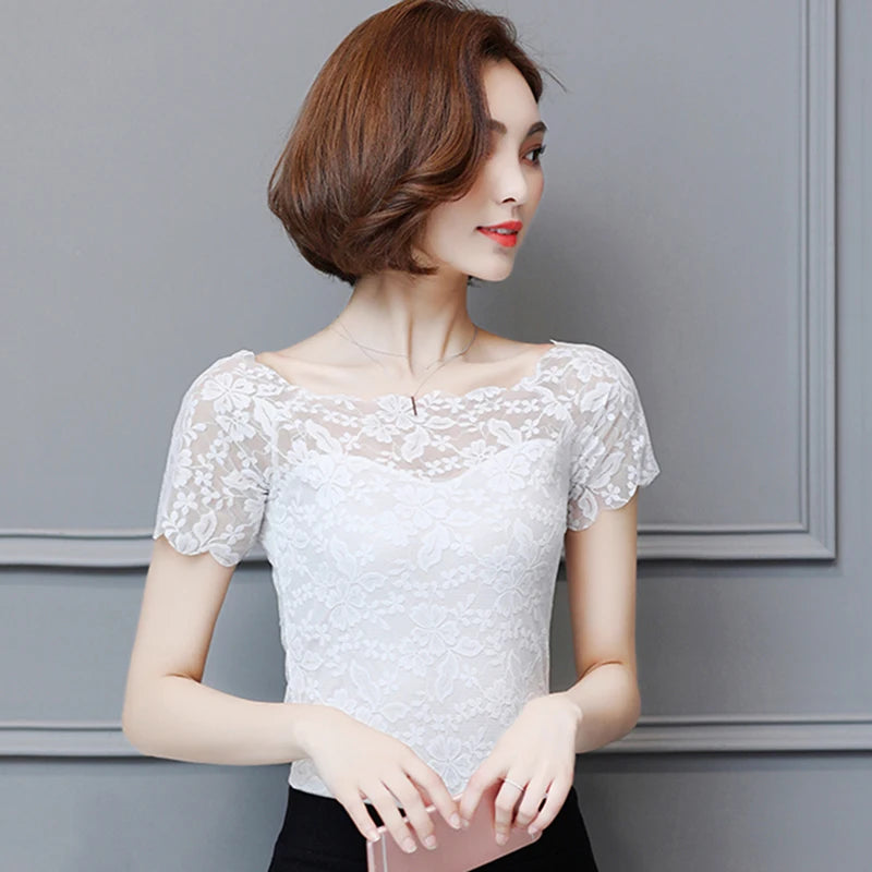 Elegant Slash Neck Spliced Lace Hollow Out Blouse Women's Clothing 2023 Summer New Oversized Casual Pullovers Office Lady Shirt