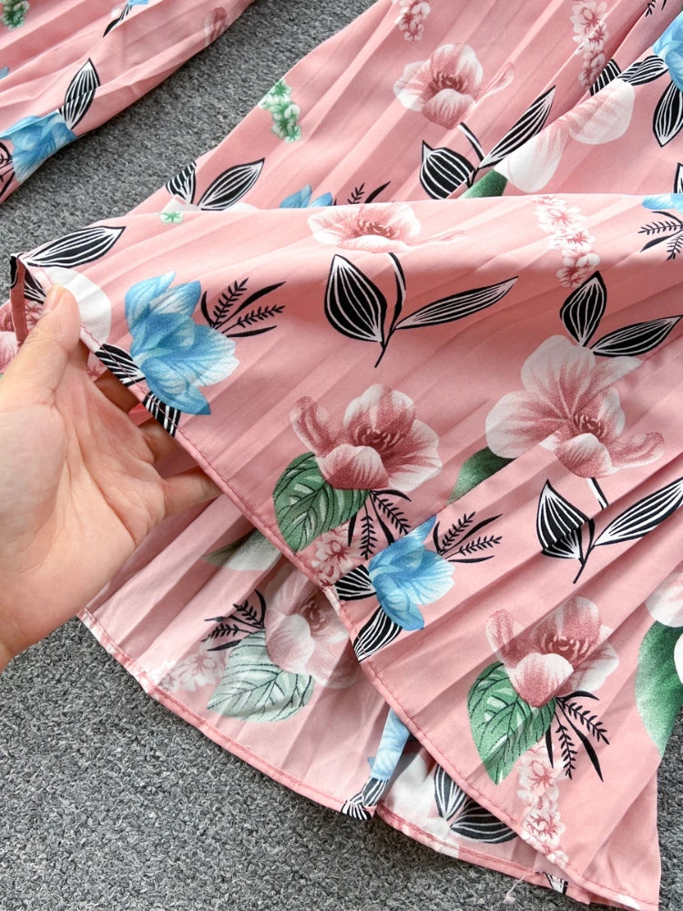 Women Elegant Vintage Beach Party Jumpsuit Autumn V-neck Lantern Sleeve Pleated Print High Waist Slim Wide Leg Pants for Women