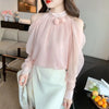 Korean Commute Spring Summer New Chiffon Blouses Women's Solid Round Neck Off Shoulder Ruched Fashion Loose Long Sleeve Shirts