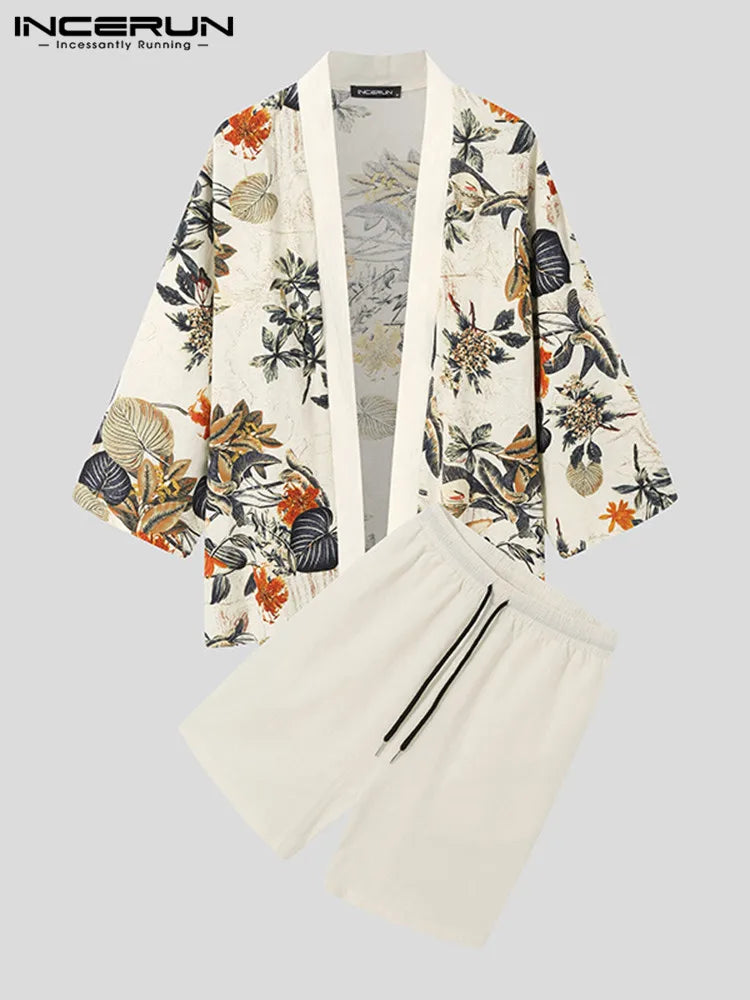 INCERUN Men's Vintage Print Cotton Tracksuit