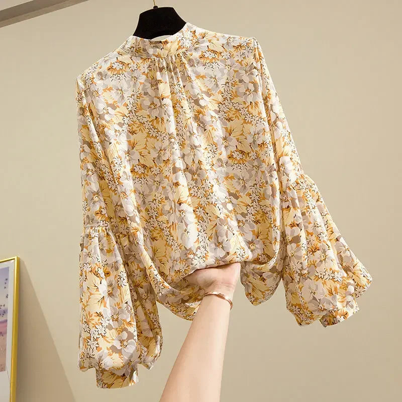 Women's Clothing Korean Fashion Floral Print Stand Collar Blouse Spring Autumn Lantern Sleeve All-match Chiffon Shirt for Female