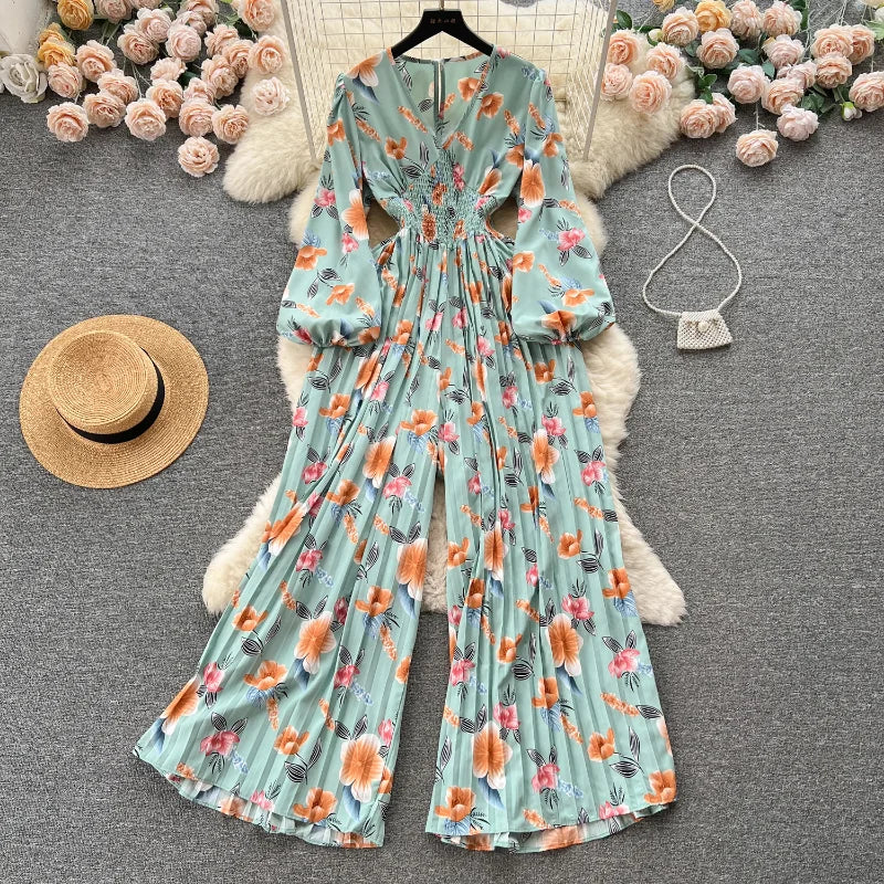 Spring and Autumn Retro V-neck Floral Long-sleeved Jumpsuit Women's Lantern Sleeves Pleated Niche Design Waist Wide-leg Pants