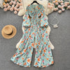 Spring and Autumn Retro V-neck Floral Long-sleeved Jumpsuit Women's Lantern Sleeves Pleated Niche Design Waist Wide-leg Pants