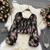 Pink Floral Printing Chiffon Square Collar Lantern Sleeve Women's Blouse Shirt Korean Fashion Female Clothing Tops 2024 Summer
