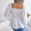 Casual Squared Neck Pleated Ruffle Trim Solid Blouse,Lantern Sleeve Shirt, Women's Clothing