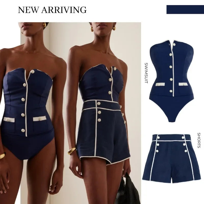 New Swimsuit New Navy Strapless Simple One-piece Swimwear Set for Summer Women in Stock