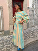 Striped Backless Maxi Dress with Belt and Lantern Sleeves