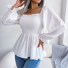 Casual Squared Neck Pleated Ruffle Trim Solid Blouse,Lantern Sleeve Shirt, Women's Clothing