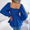 Casual Squared Neck Pleated Ruffle Trim Solid Blouse,Lantern Sleeve Shirt, Women's Clothing