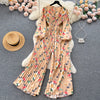 Spring and Autumn Retro V-neck Floral Long-sleeved Jumpsuit Women's Lantern Sleeves Pleated Niche Design Waist Wide-leg Pants