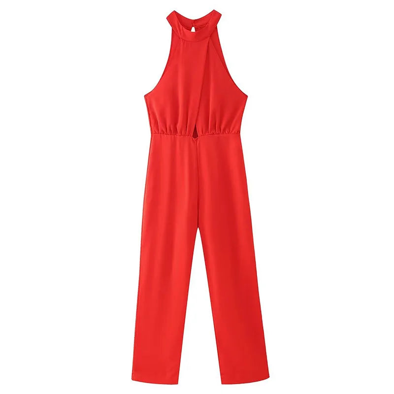 TRAFZA Fashion Women Chic Casual Red High Waist Wide Leg Jumpsuit Female Elegant Hanging Neck Sleeveless Slim Holiday Playsuit