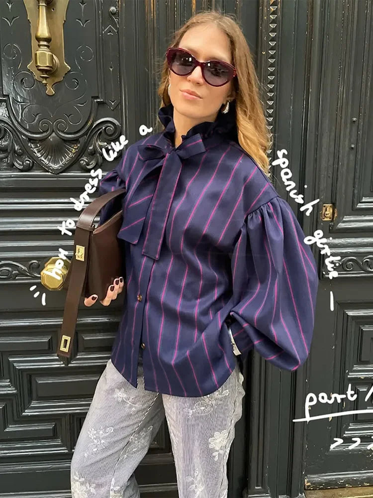 Women 2025 Spring Vintage Chic Striped Contrast Puff Sleeve Shirt Fashion Button Bow Tie Casual Top Chic Lady High Street Blouse