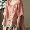 Cotton Linen Blouse Floral Print Womens Tops Spring Summer Literary Retro Embroidery Top Casual Contrast Round Neck Blouses