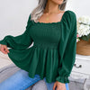 Casual Squared Neck Pleated Ruffle Trim Solid Blouse,Lantern Sleeve Shirt, Women's Clothing