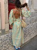 Striped Backless Maxi Dress with Belt and Lantern Sleeves