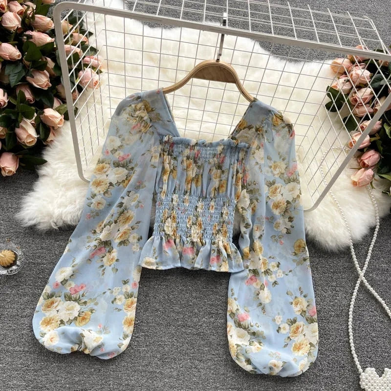 Pink Floral Printing Chiffon Square Collar Lantern Sleeve Women's Blouse Shirt Korean Fashion Female Clothing Tops 2024 Summer