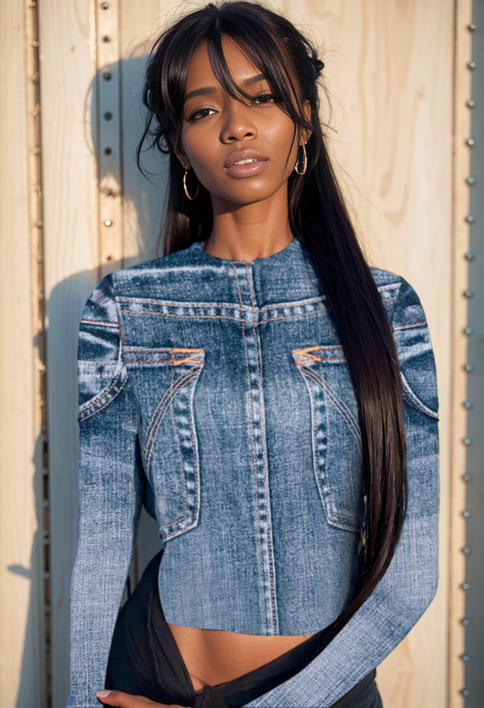 Elegant Style Printed Long-Sleeved Slim round Neck Faux Denim