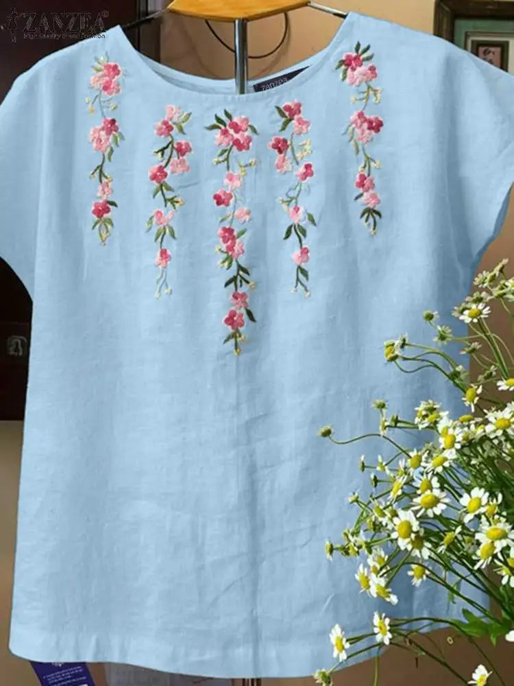 ZANZEA Women Summer Embroidery Floral Blouse Short Sleeve Shirt Elegant O Neck Work Blusas Causal Holiday Tops Tunic Mujer Femme