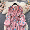 Spring and Autumn Retro V-neck Floral Long-sleeved Jumpsuit Women's Lantern Sleeves Pleated Niche Design Waist Wide-leg Pants