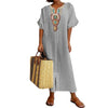 Flower Design V Neck Cotton Linen Dress