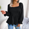 Casual Squared Neck Pleated Ruffle Trim Solid Blouse,Lantern Sleeve Shirt, Women's Clothing