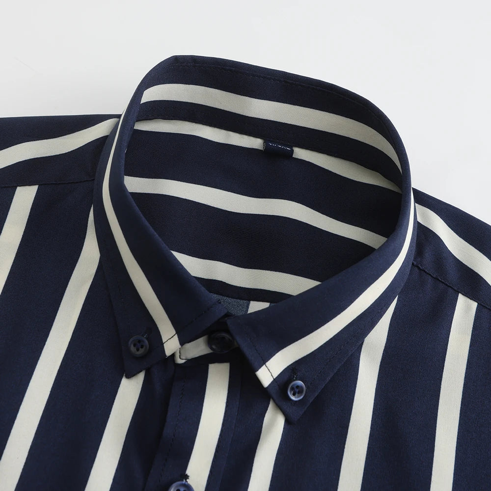 Men's Lightweight Long Sleeve Color Block Striped Dress Shirts Wrinkle-Resistant Standard-fit Youthful Button-down Casual Shirt