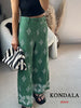 KONDALA Vintage Embroidery Green Wide-Leg Pants