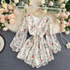 Women's French-Style Vintage Floral Print Jumpsuit V-neck Puff Sleeve Waist Hugging Slimming All-match Casual Playsuits PL465