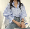 Seoulish Vintage Striped Women's Shirts Autumn Elagant Lantern Long Sleeve Turndown Collar Single Breasted Women's Blouses Tops