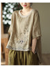 Cotton Linen Blouse Floral Print Womens Tops Spring Summer Literary Retro Embroidery Top Casual Contrast Round Neck Blouses