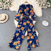 Spring Autumn Vintage Occident Holiday Romper V Neck Flare Sleeve Flower Print Bodysuit Bandage Slim Wide Leg Pant Jumpsuit
