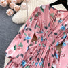 Spring and Autumn Retro V-neck Floral Long-sleeved Jumpsuit Women's Lantern Sleeves Pleated Niche Design Waist Wide-leg Pants