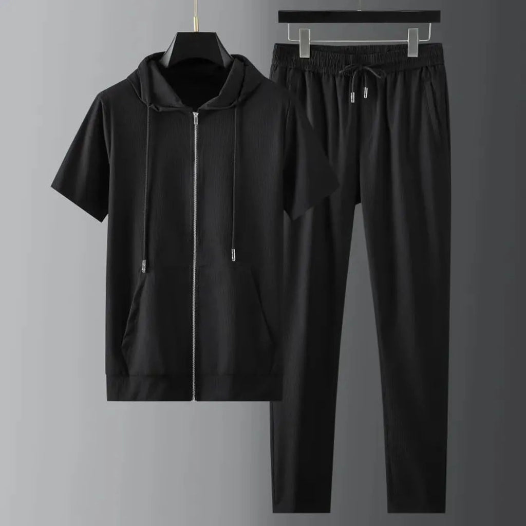 Men's Solid Color Zip-Up Tracksuit (Long Pants)