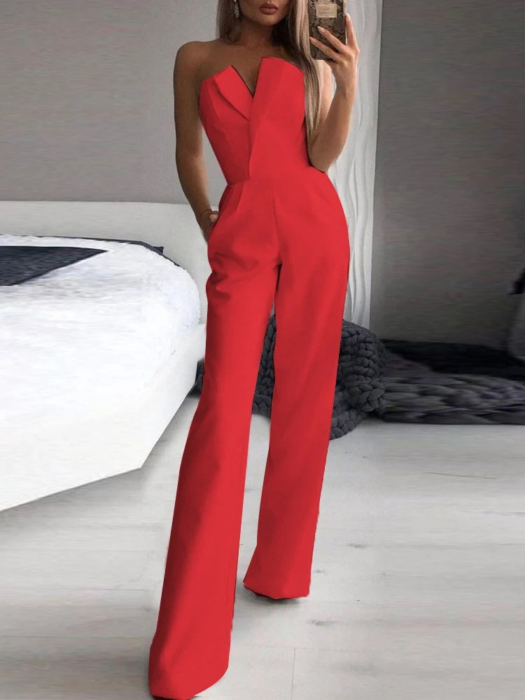 Fitshinling Strapless Elegant Jumpsuits Full Length For Women Fashion Slim Sexy Wide Leg Long Overalls Female Clothing Playsuit