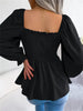 Casual Squared Neck Pleated Ruffle Trim Solid Blouse,Lantern Sleeve Shirt, Women's Clothing