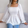Casual Squared Neck Pleated Ruffle Trim Solid Blouse,Lantern Sleeve Shirt, Women's Clothing